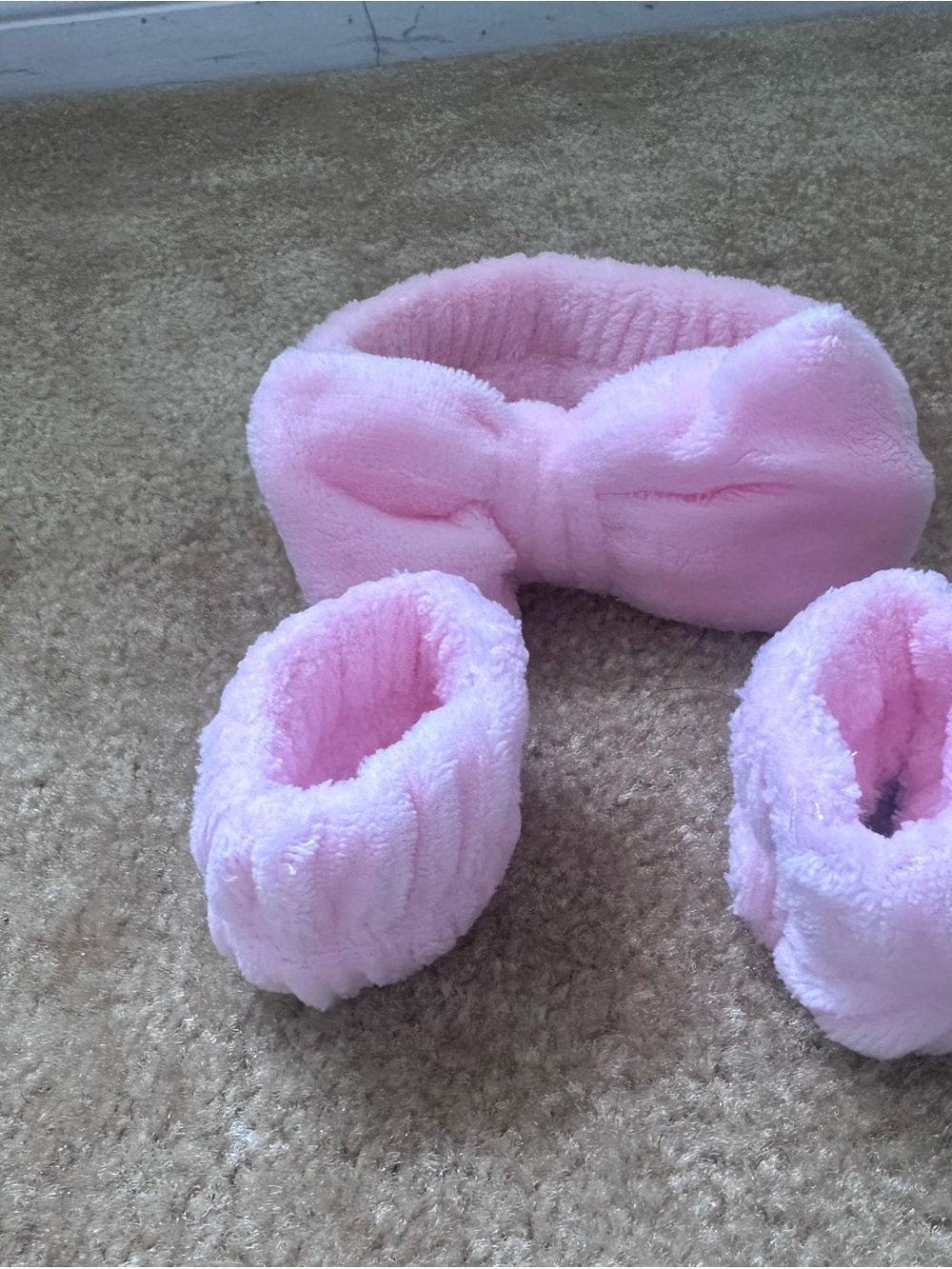 Soft Pink Plush Skincare Headband with Matching Wristbands